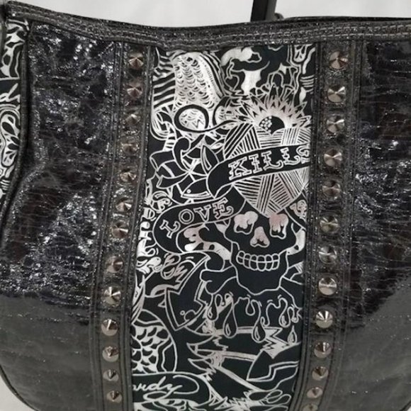 Ed Hardy Black & Silver Patent Leather Shoulder Bag Regualer Medium Size Bag - Picture 3 of 9